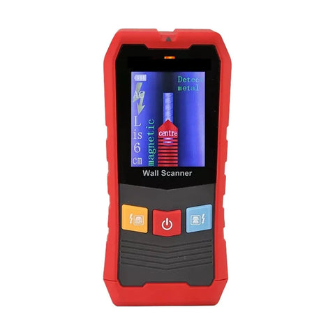 Heavy Duty Wall Scanner With Badass Precision Stud Finding Pipe And Cable Ac Wire Detection Waterproof Probe Adjustable Sensitivity No Guesswork, red and black handheld tool with LCD display.