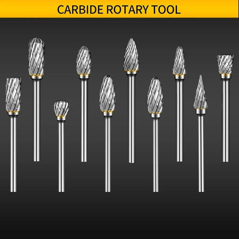 Carbide burr set, 10 pcs, 1/8 inch shank, double-cut bits for Dremel-compatible metal grinding and engraving
