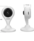 Front and side view of Wireless Security Camera E4 1080P HD Indoor WiFi Cam, showing dimensions on white background.