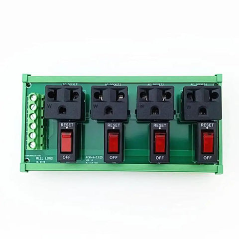 Din Rail Mount AC Power Strip With Four 120 Volt Grounded Receptacles Heavy Duty Electrical Panel with reset switches.