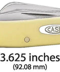 Dang Tough Yellow Synthetic Handle Stockman Pocket Knife With Clip Spey And Sheepfoot Chrome Vanadium Steel Blades side view with dimensions