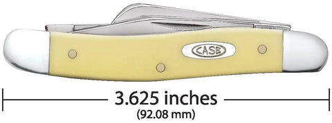 Dang Tough Yellow Synthetic Handle Stockman Pocket Knife With Clip Spey And Sheepfoot Chrome Vanadium Steel Blades side view with dimensions