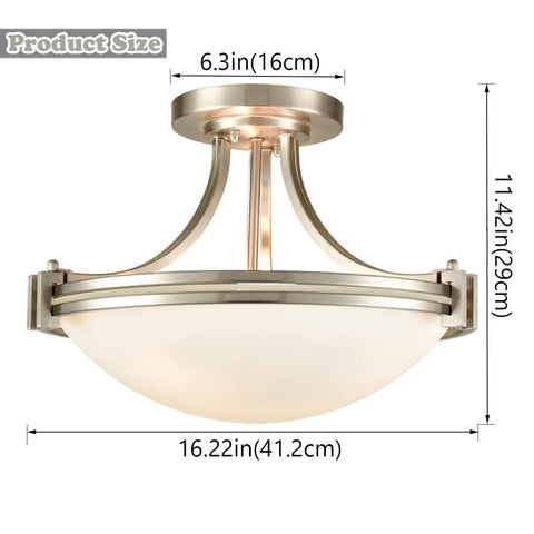 Dope Brushed Nickel Three Light Semi Flush Mount Ceiling Light With White Glass Bowl Shade, dimensions shown