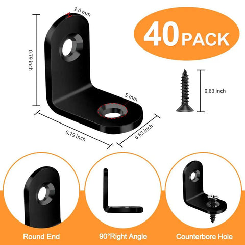 Heavy Duty 40 Piece Black Stainless Steel L Bracket Corner Brace Set With 80 Screws For Shelves Cabinets Furniture And Woodworking DIY Projects Durable 90 Degree Right Angle Braces For Easy Install Built To Last dimensions