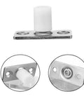 Heavy Duty Nylon Barn Door Rollers Rock Solid Floor Mounted Guide Bracket with white nylon and steel, detailed view.