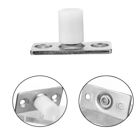 Heavy Duty Nylon Barn Door Rollers Rock Solid Floor Mounted Guide Bracket with white nylon and steel, detailed view.