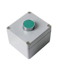 Cast aluminum push-button control box with green start button; explosion-proof, waterproof enclosure.