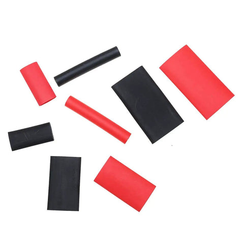 Beefed Up 74 Piece Heat Shrink Tubing Kit One And Three Quarter Inch One Half Inch And Three Eighths Inch 3 To 1 Shrink Ratio Double Wall Adhesive Lined Marine Grade Industrial Wire Wrap Tubing Black Red showing assorted tubing pieces