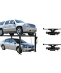 Heavy Duty Four Post Car Lift With Matching Sliding Jacks Black Powder Coated Steel Garage Auto Hoist System showing two cars lifted.