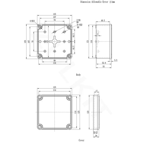IP67 Waterproof Junction Box ABS Plastic Outdoor DIY Electrical Enclosure Weatherproof Dustproof Project Box 125mm Square 75mm Deep Rugged Housing For Electronics And Small Projects technical drawing with body and cover dimensions