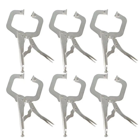 Awesome 6-Piece Locking Welding Pliers Set With Swivel Pads For Heavy Duty C-Clamp Jobs And Secure Gripping Tasks That Make Your Workshop A Better Place, six 11-inch silver clamps