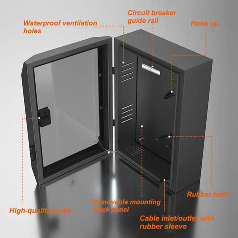 Interior view of Built Like A Tank EV Charger Pedestal Featuring Drip Proof Galvanized Steel Housing Secure Combo Lock details.