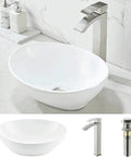 White Ceramic Vessel Sink With Faucet And Drain, Oval Above Counter Bathroom Basin with faucet and pop-up drain shown