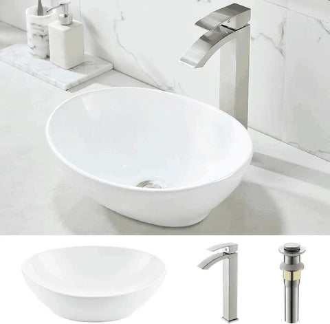 White Ceramic Vessel Sink With Faucet And Drain, Oval Above Counter Bathroom Basin with faucet and pop-up drain shown
