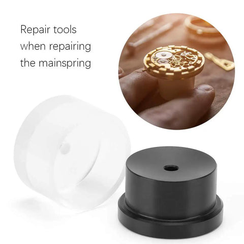 Pro Grade Mainspring Barrel Close Tool for watch repair, black and clear plastic parts, close-up of tool in use