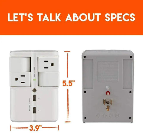 Wall Charger Surge Protector With Four Pivoting AC Outlets And Two USB Ports, 1080 Joules of Protection, dimensions shown.