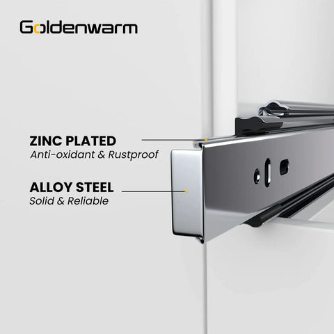 Close-up of 10 pairs 22 inch soft close full extension drawer slides with ball bearing showing zinc plated alloy steel material.