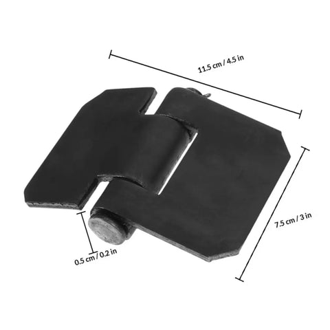 Beefy Heavy Duty Weld On Gate And Trailer Ramp Hinges 2 Pack with thickened design, black metal hinge with dimensions shown