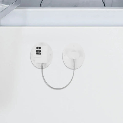 Kid Proof Fridge And Cabinet Lock With Password Protection, white plastic lock installed on a fridge