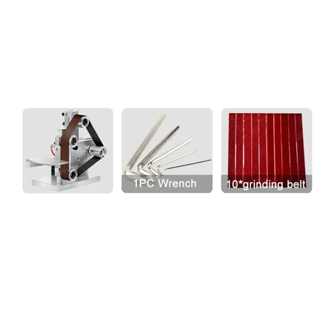 Parts for Ultimate Mini Electric Belt Sander And Multifunctional Desktop Grinder including grinding belts and wrench.