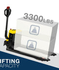 Heavy Duty 3300 Lbs Full Electric Pallet Jack With 7.5 Inch Lift Height And Thick 45 By 27 Inch Forks showing lifting capacity of 3300lbs.