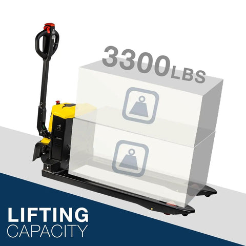 Heavy Duty 3300 Lbs Full Electric Pallet Jack With 7.5 Inch Lift Height And Thick 45 By 27 Inch Forks showing lifting capacity of 3300lbs.