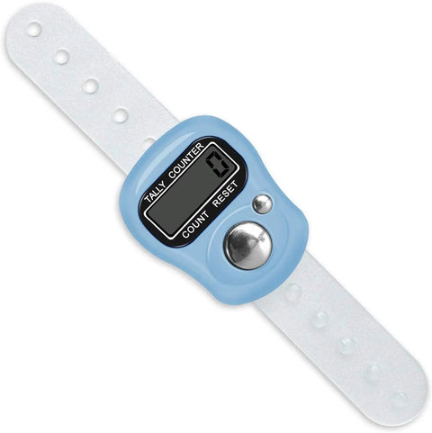 Pocket Electronic Finger Counter With LCD Display Lightweight Resettable Hand Tally Clicker Zero To Ninety Nine Thousand Single Hand Grip in blue with strap