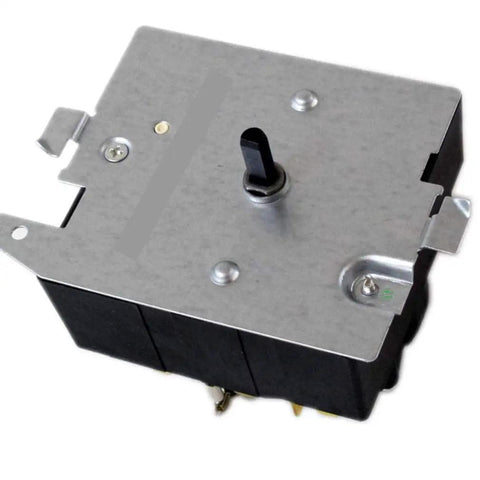 CKD1400 Dryer Timer Kit For GE Heavy Duty Dryers Replacement 4 Inch Length Fits Old And New Serial Numbers With Original Connectors Non OEM But OEM Style Specs, showing metal and black plastic casing