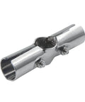 Silver metal joint pipe clamp connector for 1-inch (25mm) pipes; side bolts and clamping housing