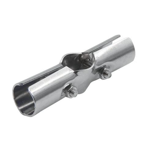 Silver metal joint pipe clamp connector for 1-inch (25mm) pipes; side bolts and clamping housing