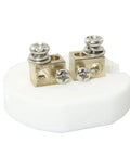 Thermocouple terminal block assembly on white porcelain base with two brass terminal blocks and screws