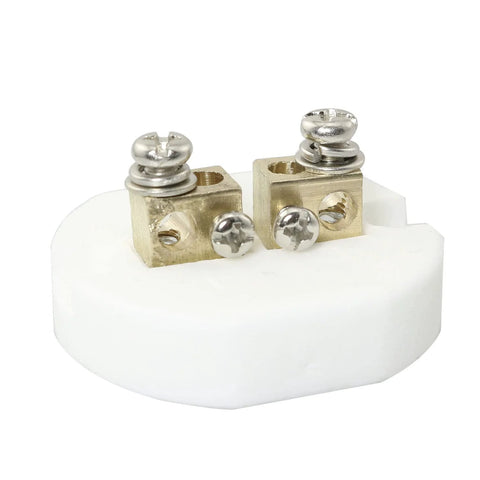 Thermocouple terminal block assembly on white porcelain base with two brass terminal blocks and screws
