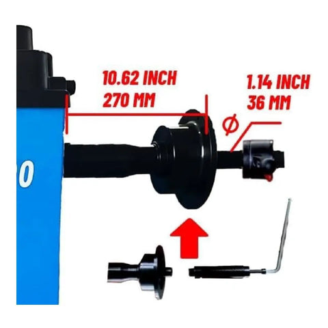 Heavy Duty Wheel Balancer Machine Built With Raw Copper Motor Core And Lab Grade Precision showing 10.62 inch shaft and components.