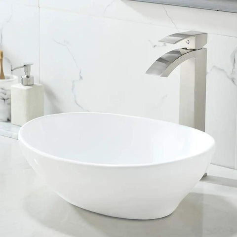 White Ceramic Vessel Sink With Faucet And Drain, Oval Above Counter Bathroom Basin, Modern Porcelain Vanity Sink, Sleek Bowl