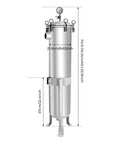 Beefy 304 Stainless Steel Bag Filter Housing, 2 Inch NPT Inlet Outlet, high pressure system with dimensions and gauge visible