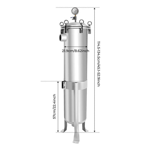Beefy 304 Stainless Steel Bag Filter Housing, 2 Inch NPT Inlet Outlet, high pressure system with dimensions and gauge visible