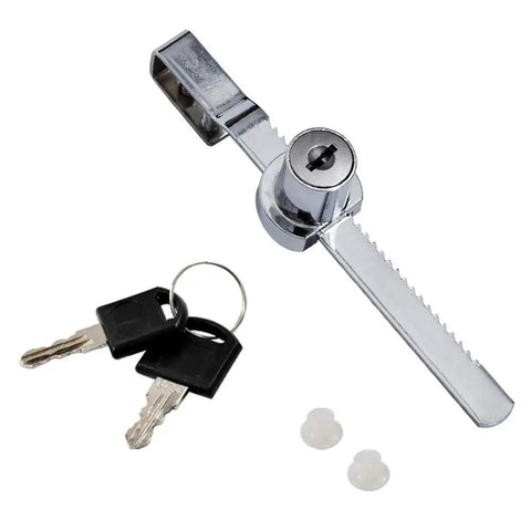 Sliding Glass Door Ratchet Lock For Display Cases With Chrome Finish, shown with keys, solid security, keyed alike set