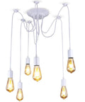 Six Head Spider Pendant Light Fixture With Adjustable Hanging Length, white cords, and E27 bulbs, against white background.