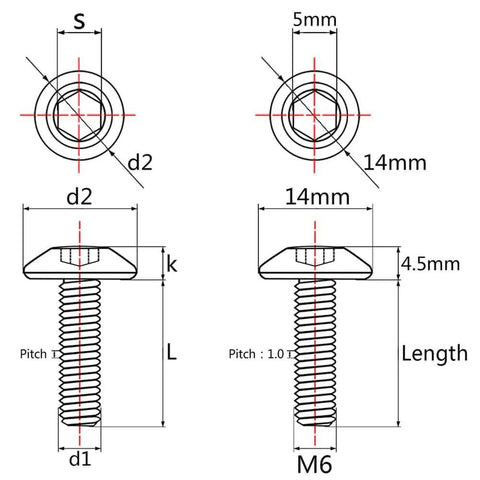 Technical diagram showing Titanium Button Head Socket Cap Screws M6x12 15 20 25 30 35mm Set Of 6 Gold Titanium Dome Head Bolts dimensions.