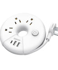 Must Have Travel Power Strip With Three Outlets And Three USB Ports Including One USB C Cruise Approved Short Three Foot Extension Cord For Hotels Cruises Home Or Office Compact White. Round power strip with 3 outlets and USB ports showing.