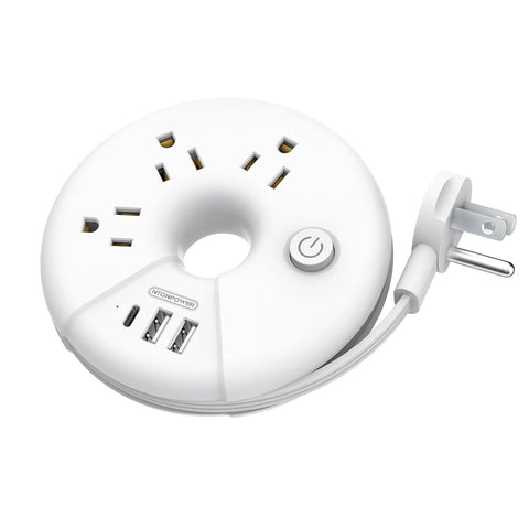 Must Have Travel Power Strip With Three Outlets And Three USB Ports Including One USB C Cruise Approved Short Three Foot Extension Cord For Hotels Cruises Home Or Office Compact White. Round power strip with 3 outlets and USB ports showing.
