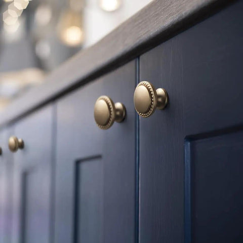 Set Of 12 Modern Champagne Bronze Cabinet Knobs With Wheatear Border on blue kitchen drawers