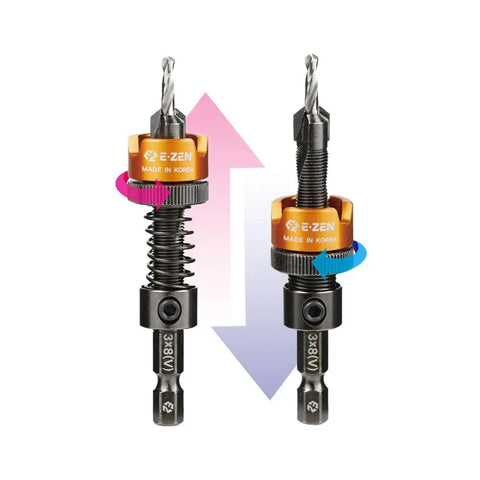 Depth Adjustable Countersink Drill Bit With Tool Free Depth Adjustment And Knurled Lock Collar Set Your Drilling Depth From 1.2mm To 21mm Without A Wrench Includes 3 By 8mm And One Eighth By Five Sixteenth Inch Sizes 1 Piece shown with knurled lock collar