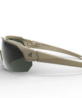 Heavy Duty Tactical Shooting Glasses For Men Featuring Anti Fog Lenses Ansi Z87.1 Certified Ballistic Safety Eyewear in tan with dark lenses.