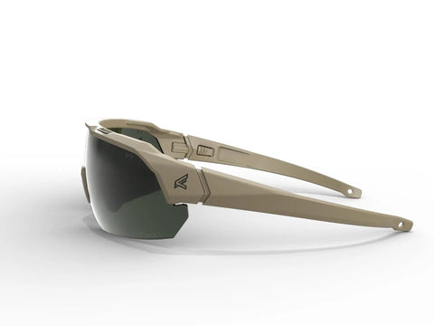 Heavy Duty Tactical Shooting Glasses For Men Featuring Anti Fog Lenses Ansi Z87.1 Certified Ballistic Safety Eyewear in tan with dark lenses.