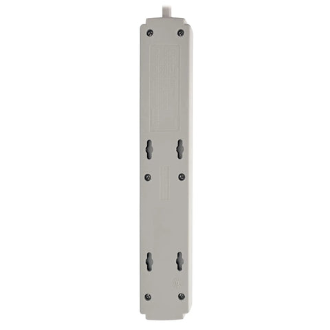Reverse side of the Must Have Surge Protector Power Strip With Six Outlets, Eight Foot Cord, 990 Joule Rating, Flat Plug, 120V Gray