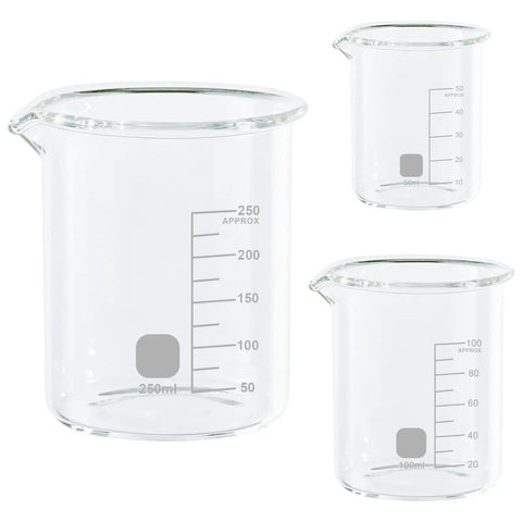 Glass Measuring Beaker Set With 3.3 Borosilicate Glass Beakers, Printed Graduations For Easy Readouts, Includes 50 mL 100 mL 250 mL