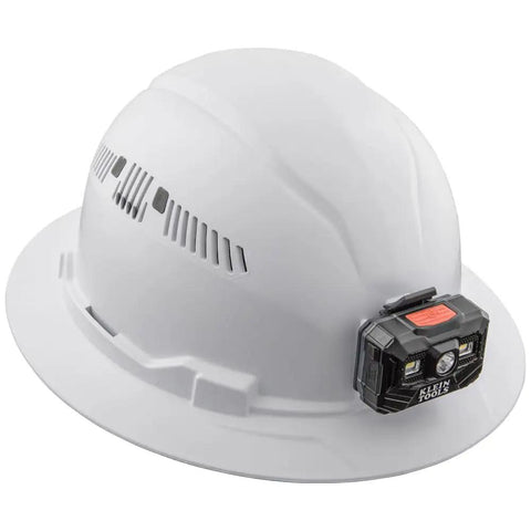 Hard Hat With Rechargeable Headlamp Vented Full Brim Style Padded Odor Resistant Sweatband For All Day Comfort Secure Mounts For Headlamp White Built For Tough Jobs