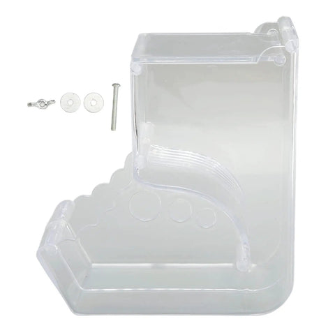 Clear Acrylic Hamster Pellet Feeder With Secure Cage Mount And Scatter Control Baffle showing mounting hardware and detailed design.