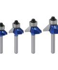 Heavy Duty Workhorse 4 Piece 45 Degree Chamfer Router Bit Set With Quarter Inch Shank And Premium Carbide Tips for wood projects.